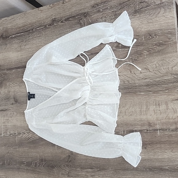 Aqua Tops - AQUA Swiss Clip Dot Semi-Sheer Bell Sleeve Faux Wrap Peplum Top White